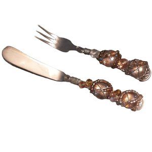2 Jeweled Beaded Wire Hors d'Oeuvre Utensil Knife Fork Stainless Appetizer Amber